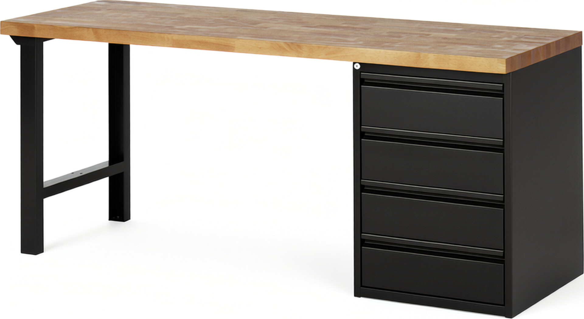 Werkbank, 1 Unterbau-Container mit 4 Schubladen 180 mm, Buche-Platte 40 mm schwarz, BxTxH 2000x700x840 mm, RAL 9011/9011