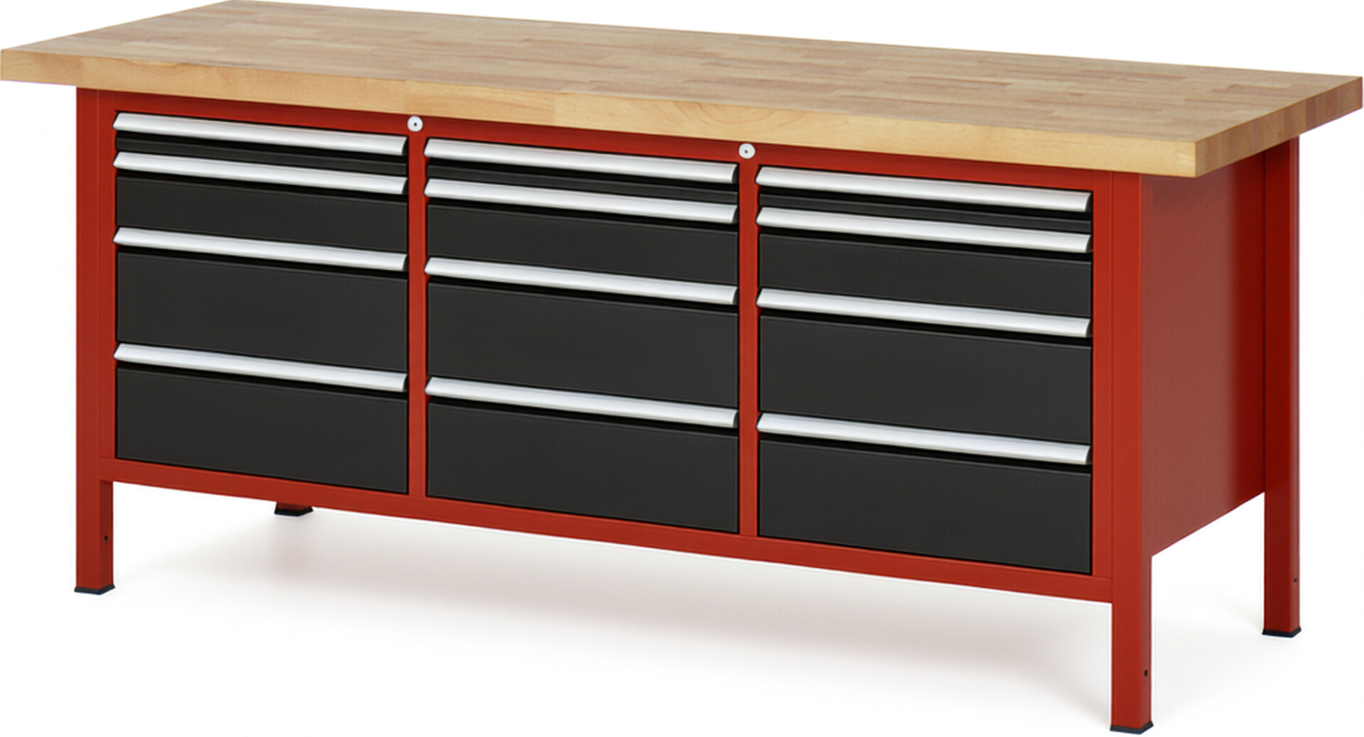 Werkbank Modell 8580 rot - schwarz, BxTxH 2000x700x840 mm,  Buche-Massiv Arbeitsplatte 40 mm,  12 Schubladen mit  Vollauszug 100 % und  SoftClosing
