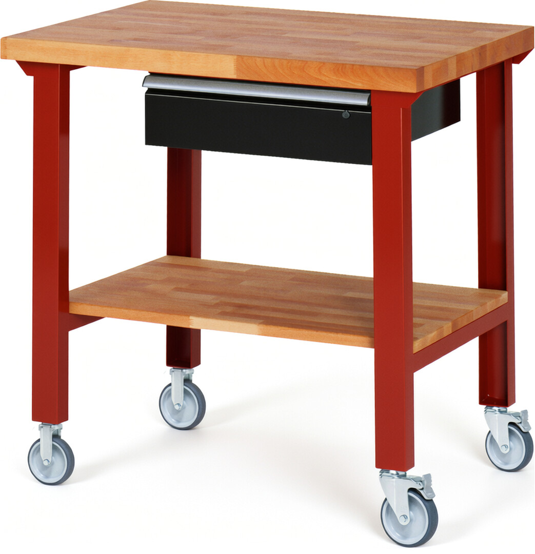 Fahrbare Werkbank Modell 7001 rot - schwarz, BxTxH 1000x700x1000 mm,  Buche-Massiv Arbeitsplatte 40 mm,  1 Schublade mit  Auszug 90 %