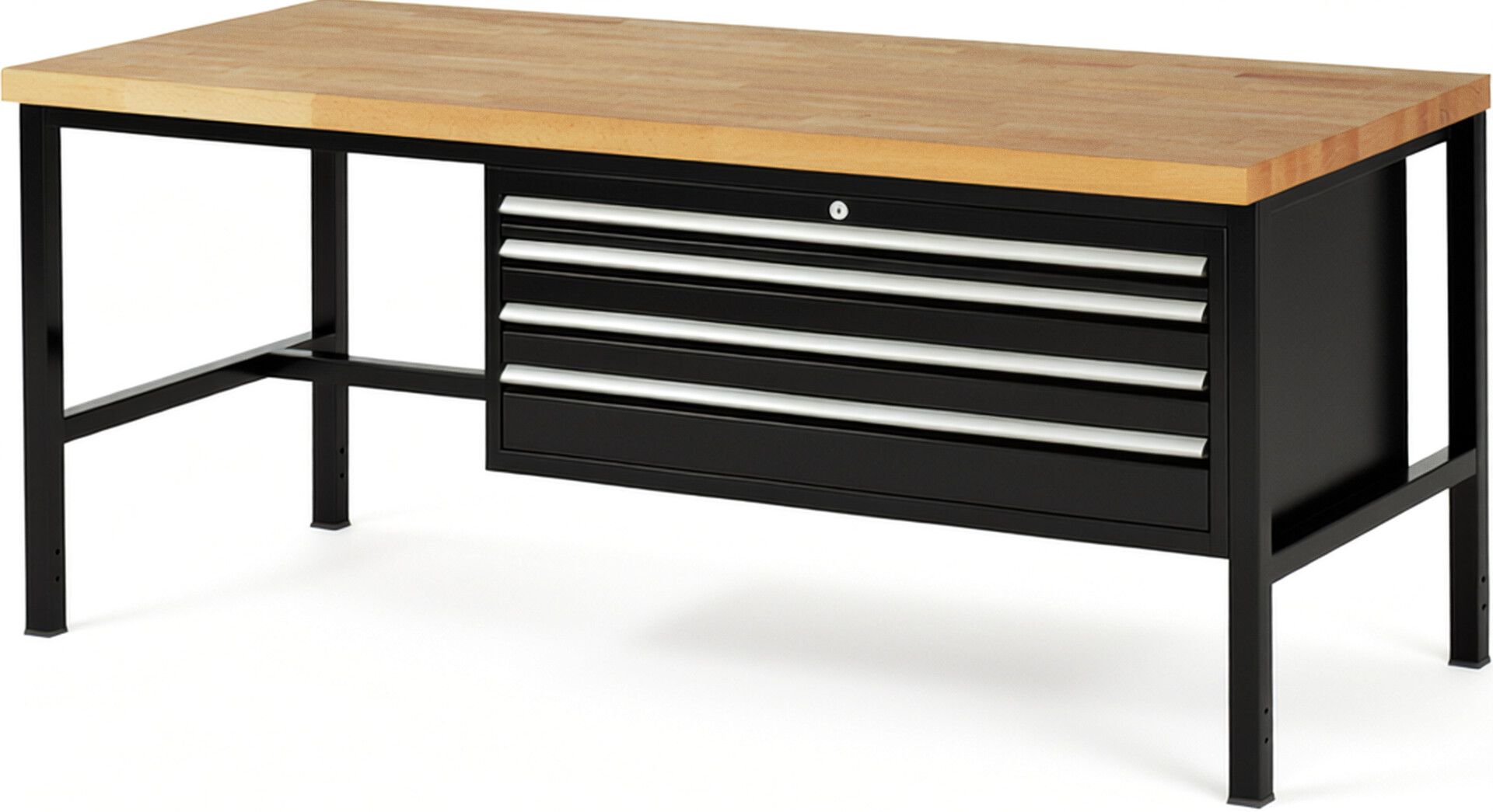 Werkbank Modell 8332 schwarz, BxTxH 2000x900x840 mm,  Buche-Massiv Arbeitsplatte 40 mm,  4 Schubladen mit  Auszug 90 %