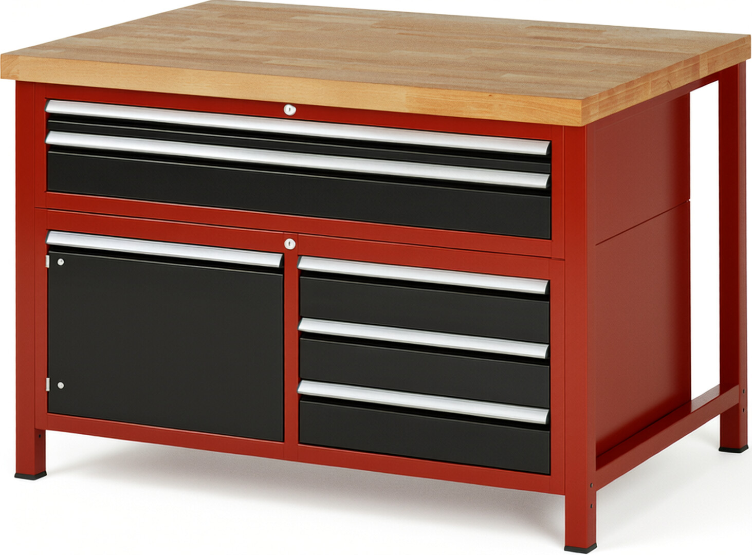 Werkbank Modell 8922 rot - schwarz, BxTxH 1250x900x840-1040 mm,  Buche-Massiv Arbeitsplatte 40 mm,  5 Schubladen mit  Auszug 90 %