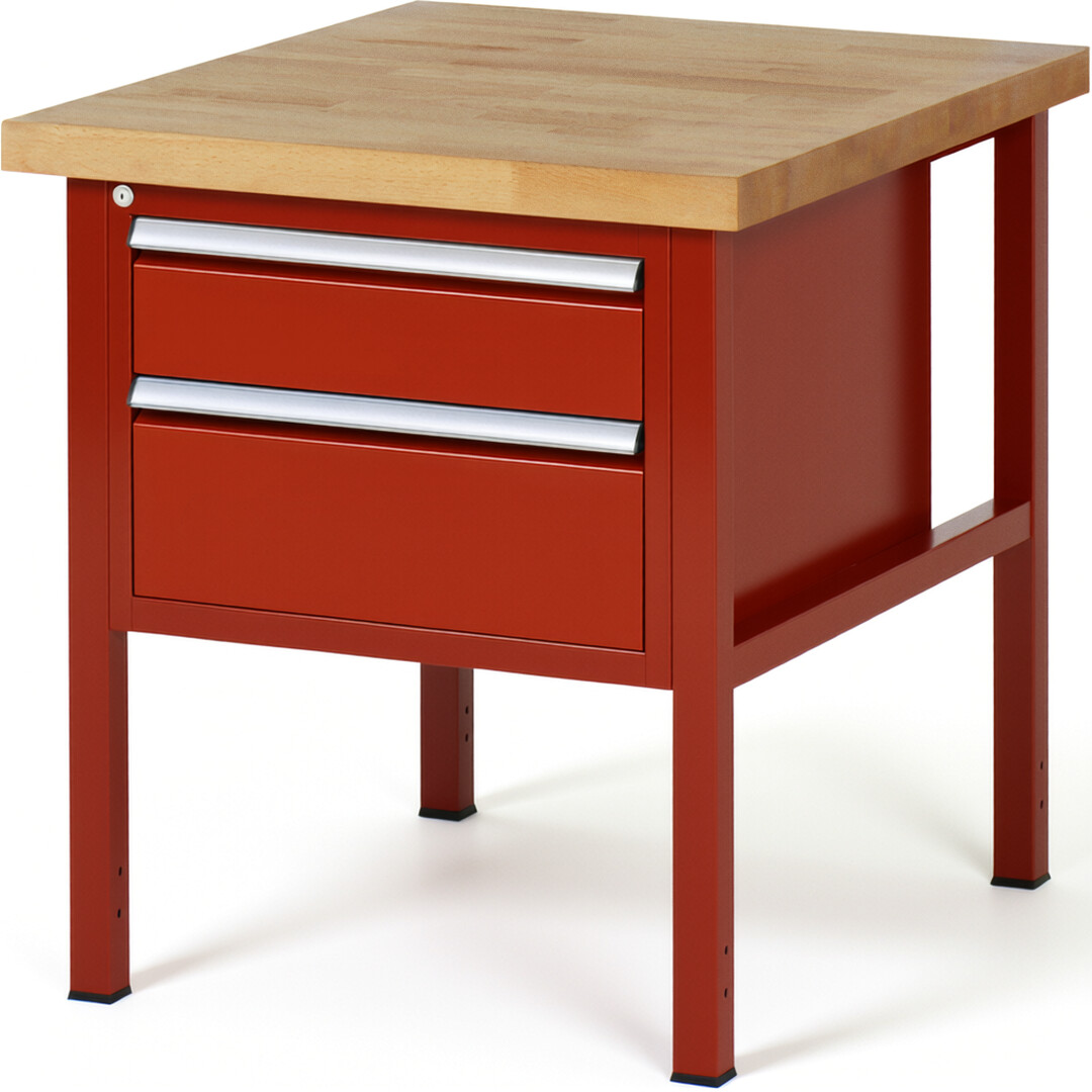 Werkbank Modell 8123 rot, BxTxH 750x900x840-1040 mm,  Buche-Massiv Arbeitsplatte 40 mm,  2 Schubladen mit  Vollauszug 100 % und  SoftClosing