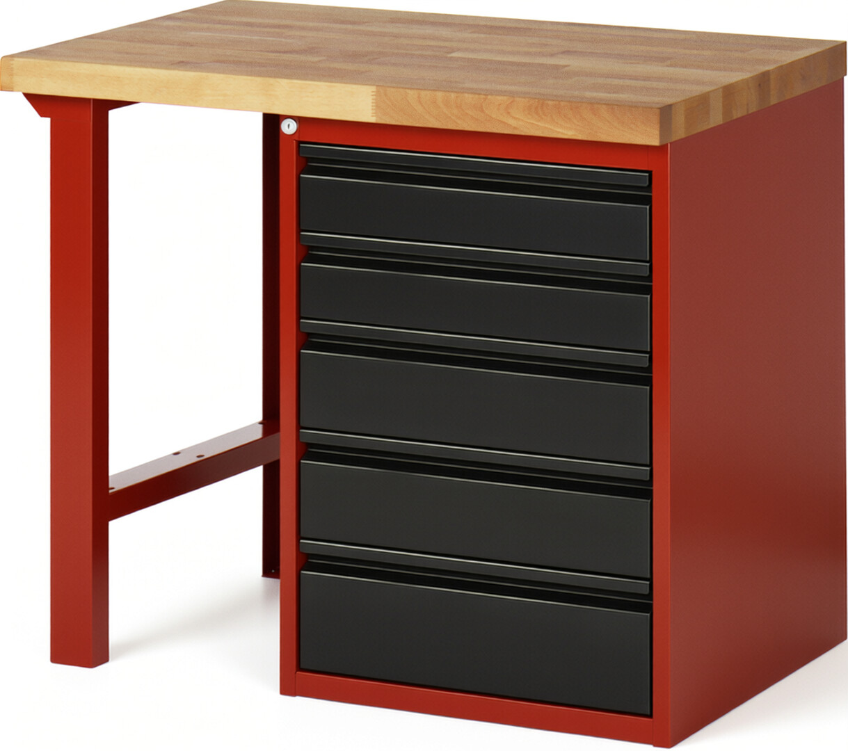 Werkbank rot - schwarz, BxTxH 1000xT700xH890 mm, Platte Buche 40 mm 40 mm, 5 Schubladen: 2x120, 2x150, 1x180 mm, RAL 3000/9011