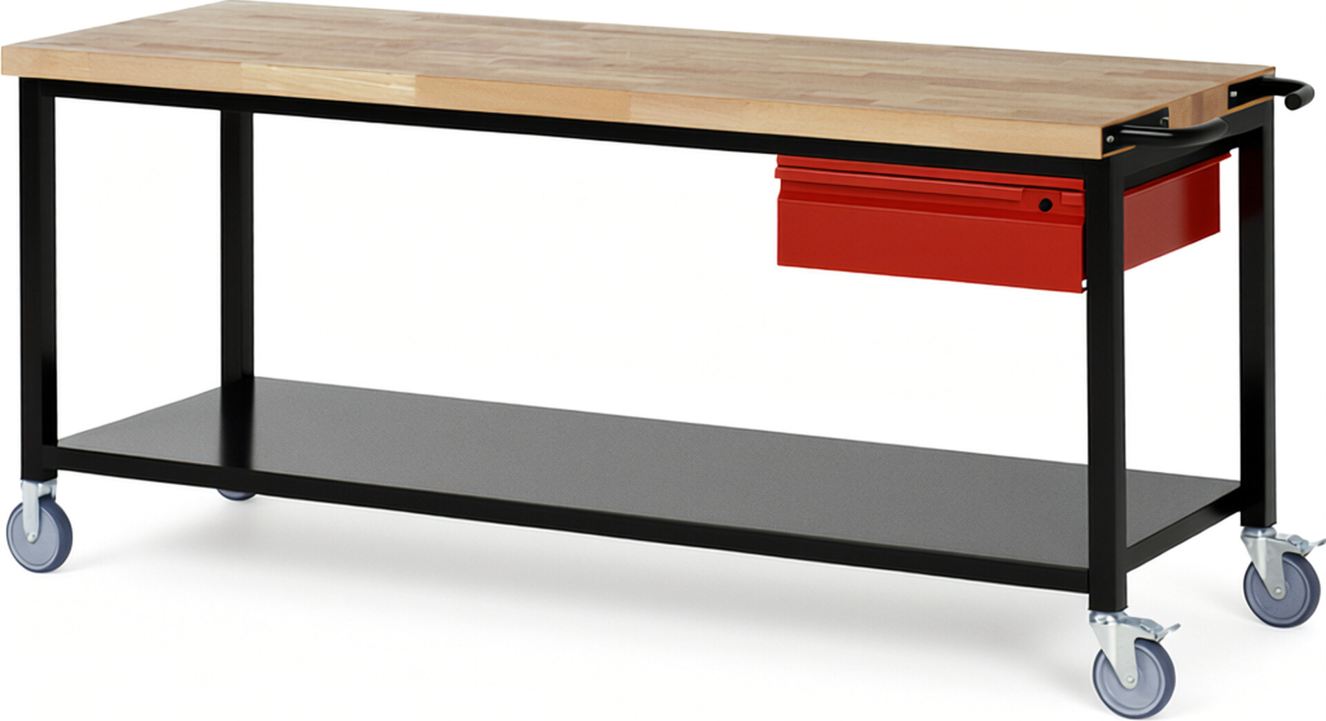 RAU Werkbank schwarz - rot - Breite 200 cm - Tiefe 70 cm - Höhe 88 cm - Buche-Massiv Arbeitsplatte 40 mm