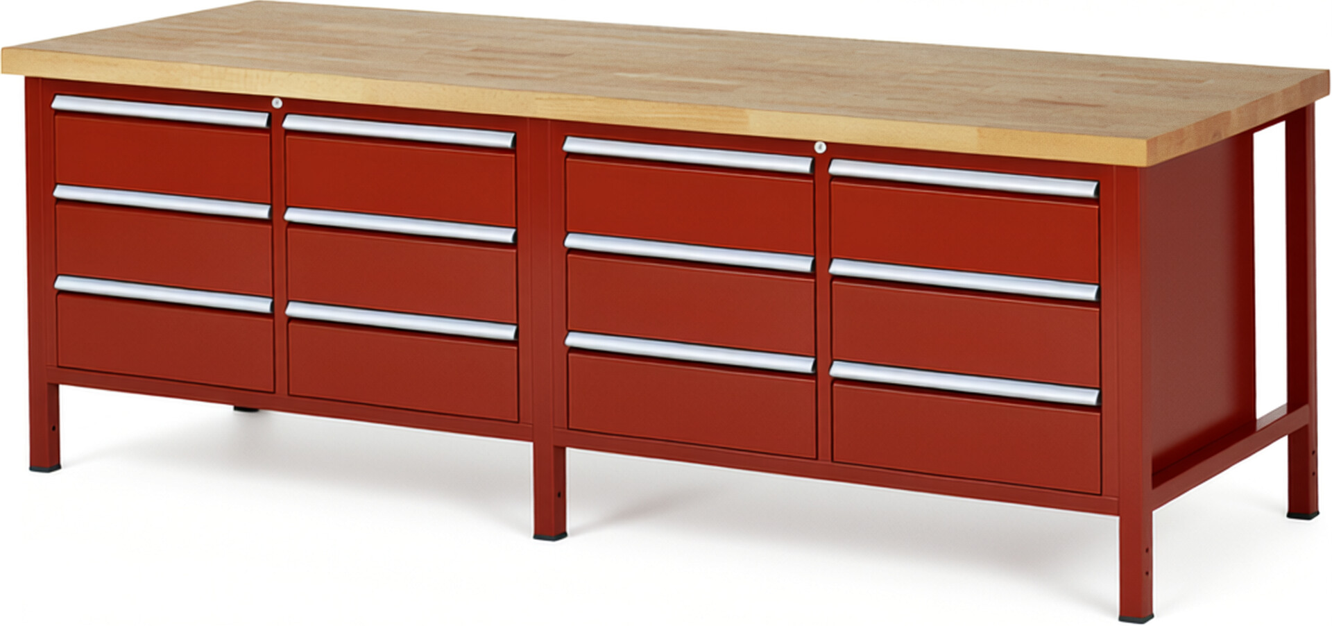 Werkbank Modell 8473 rot, BxTxH 2500x900x840 mm,  Buche-Massiv Arbeitsplatte 40 mm,  12 Schubladen mit  Auszug 90 %