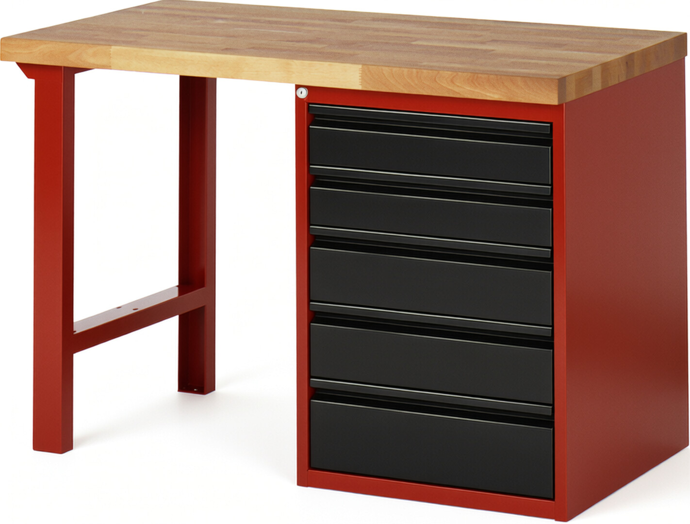 Werkbank rot - schwarz, Breite 125 cm, Tiefe 70 cm, Höhe 89 cm, 5 Schublade(n), Platte: Buche-Massiv-Arbeitsplatte