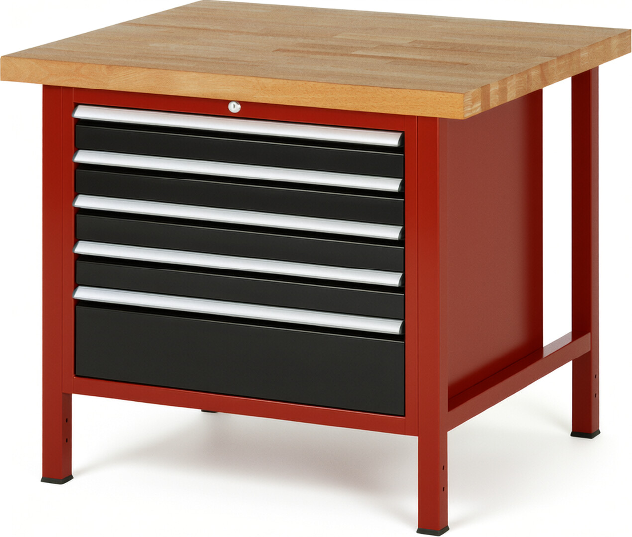 Werkbank Modell 8268 rot - schwarz, BxTxH 1000x900x840 mm,  Buche-Massiv Arbeitsplatte 40 mm,  5 Schubladen mit  Auszug 90 %
