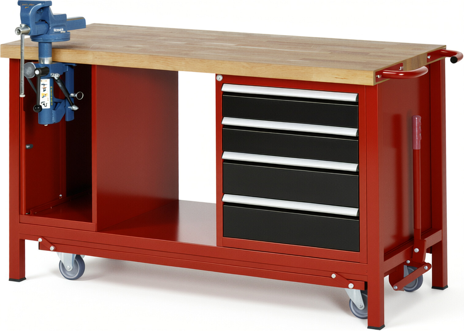Absenkbare Werkbank Modell 8185 rot - schwarz, BxTxH 1500x700x880 mm,  Buche-Massiv Arbeitsplatte 40 mm,  4 Schubladen mit  Vollauszug 100 % und  SoftClosing