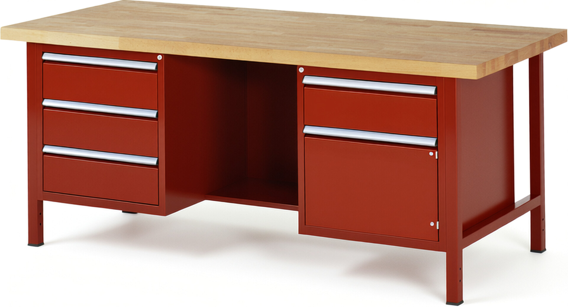 Werkbank Modell 8552 rot, BxTxH 2000x900x840-1040 mm,  Buche-Massiv Arbeitsplatte 40 mm,  4 Schubladen mit  Auszug 90 %