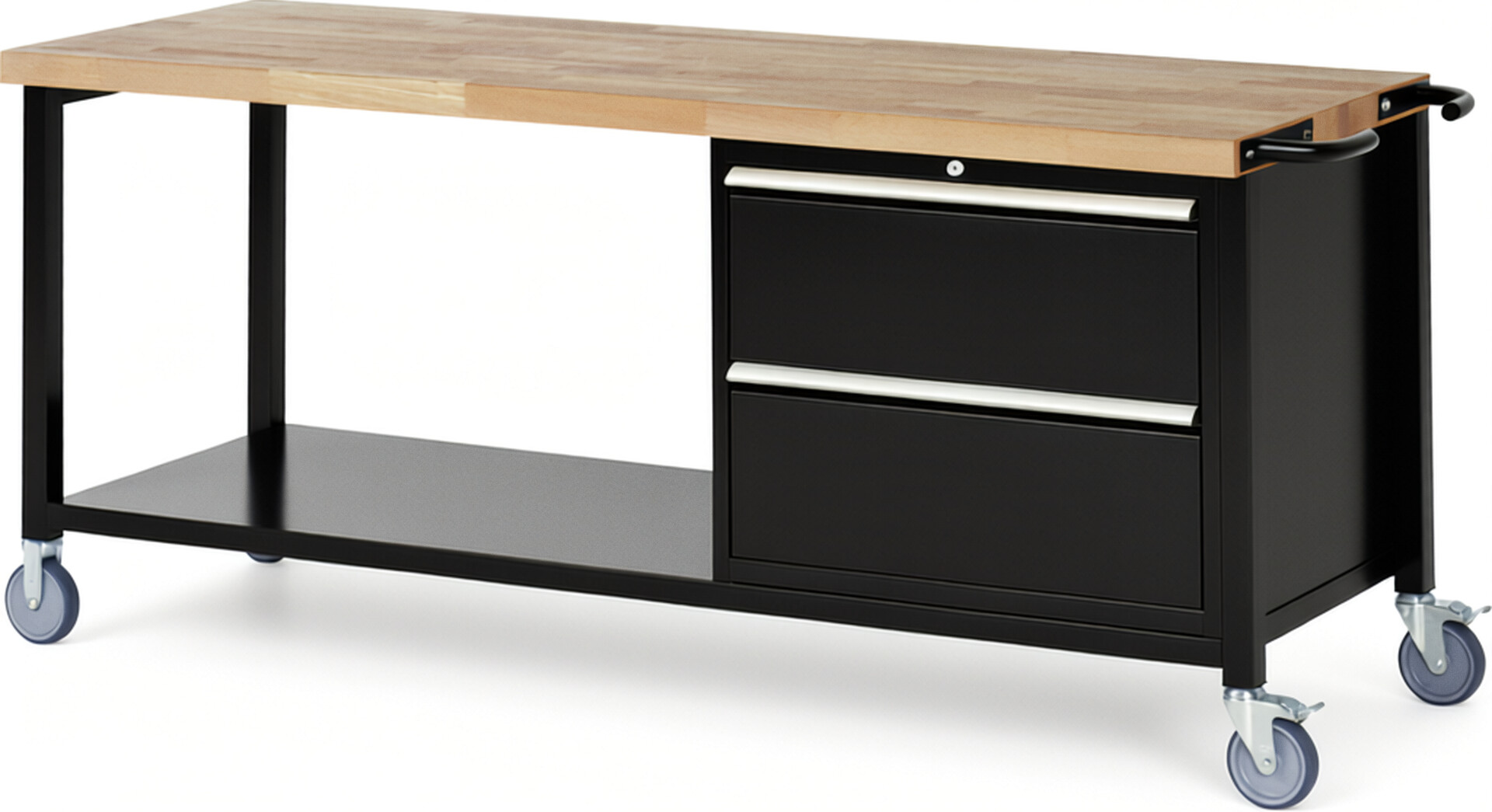 Fahrbare Werkbank Modell 8255 schwarz, BxTxH 2000x700x880 mm,  Buche-Massiv Arbeitsplatte 40 mm,  2 Schubladen mit  Auszug 90 %