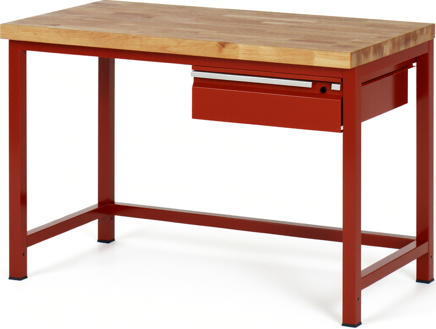 Werkbank rot, BxTxH 1250x700x840-1040 mm, Platte Buche 40 mm, 1 Schublade 150 mm, RAL 3000/3000