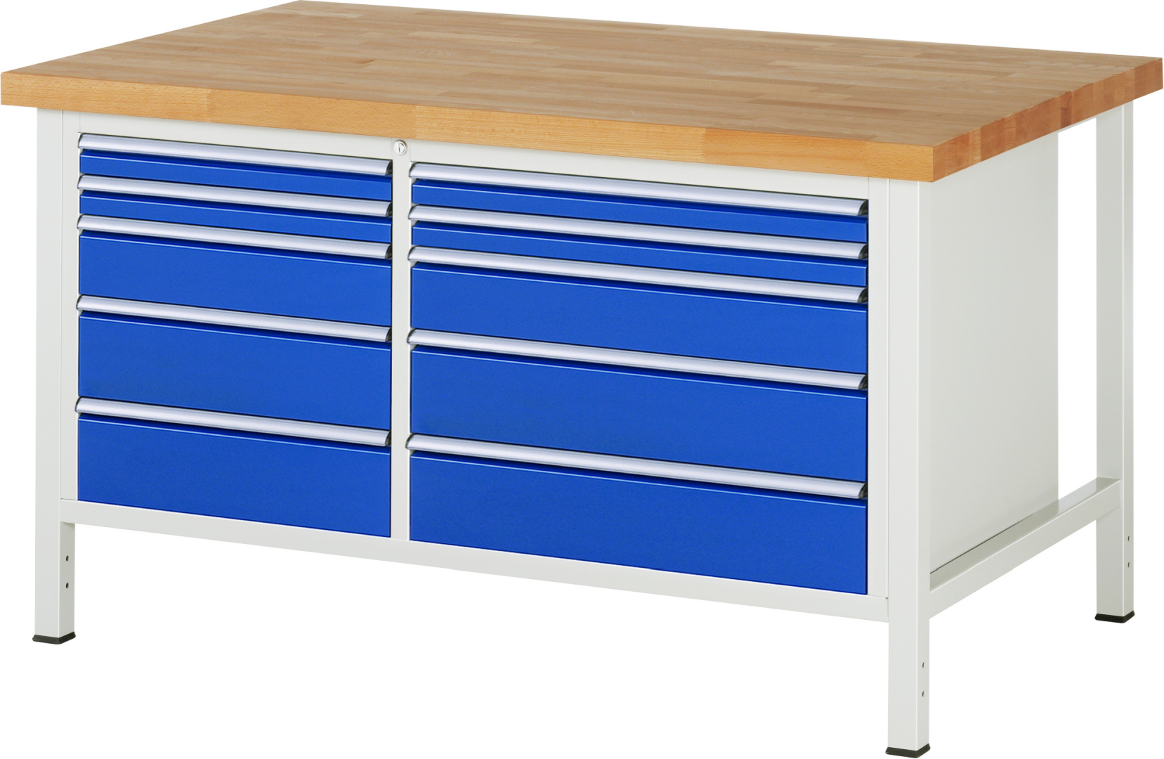 Werkbank Modell 8656,  BxTxH 1500x900x840-1040 mm,  Buche-Massiv Arbeitsplatte 40 mm,  10 Schubladen mit  Auszug 90 %
