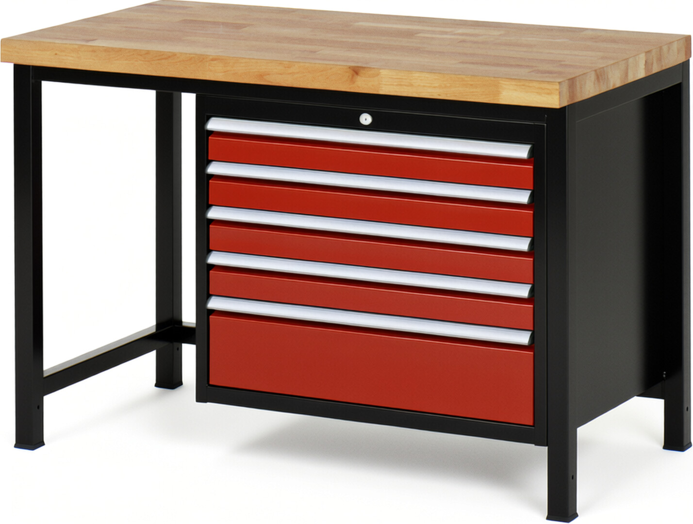 RAU Werkbank schwarz - rot - Breite 125 cm - Tiefe 70 cm - Höhe 104 cm - Buche-Massiv Arbeitsplatte 40 mm