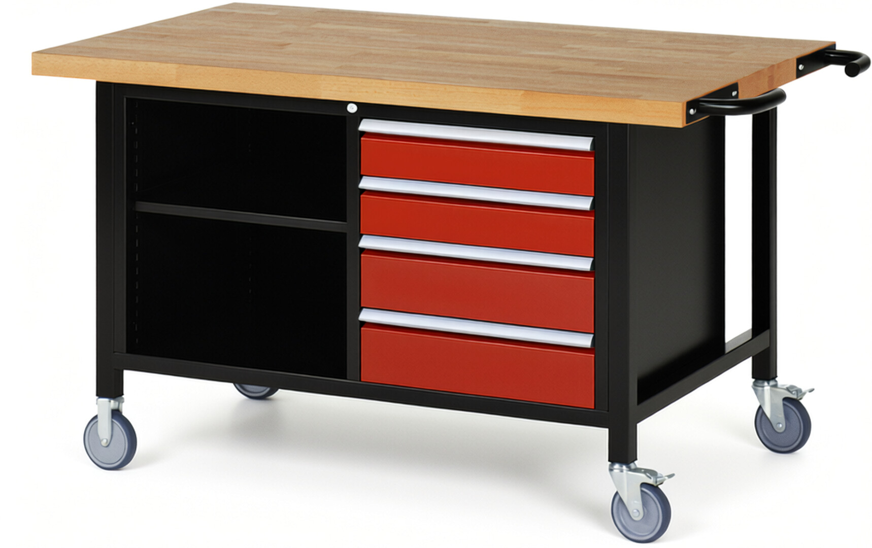 RAU Werkbank schwarz - rot - Breite 150 cm - Tiefe 90 cm - Höhe 108 cm - Buche-Massiv Arbeitsplatte 40 mm