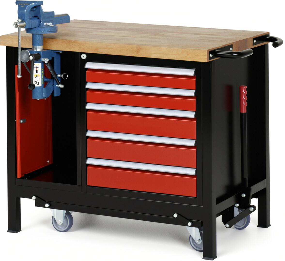 RAU Werkbank schwarz - rot - Breite 100 cm - Tiefe 70 cm - Höhe 88 cm - Buche-Massiv Arbeitsplatte 40 mm