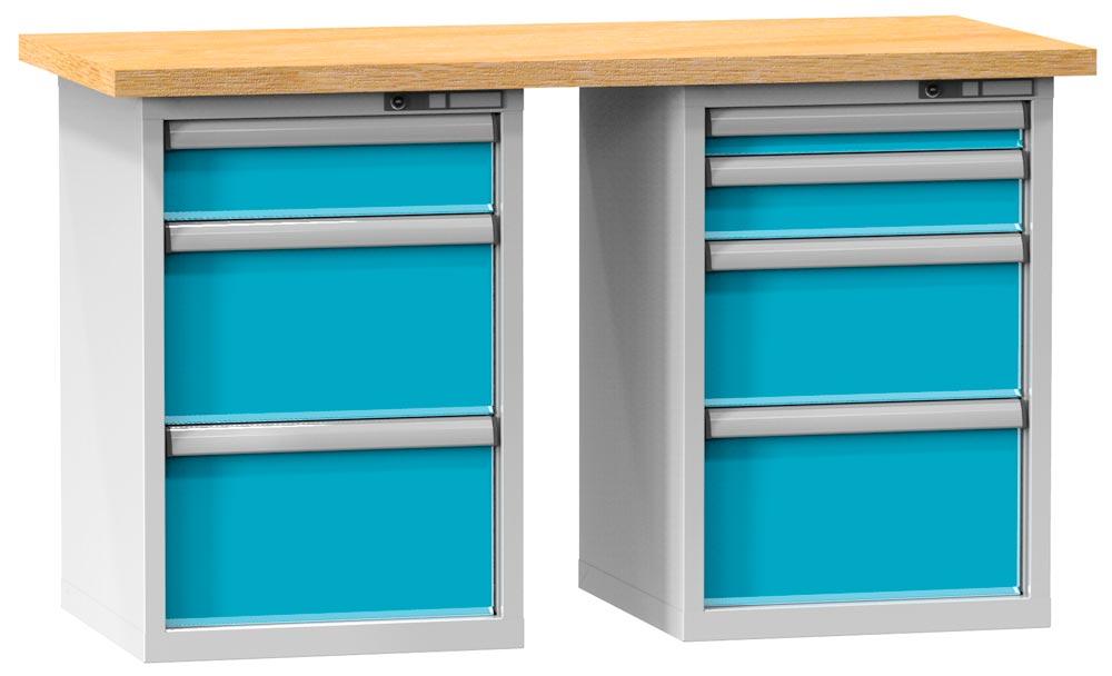 Werkbank, BxTxH 1500x700x880mm, 2 Blöcke,  7 Schubladen 75, 125, 150, 250, 3x300 mm, Traglast 1100 kg, RAL 7035/5012