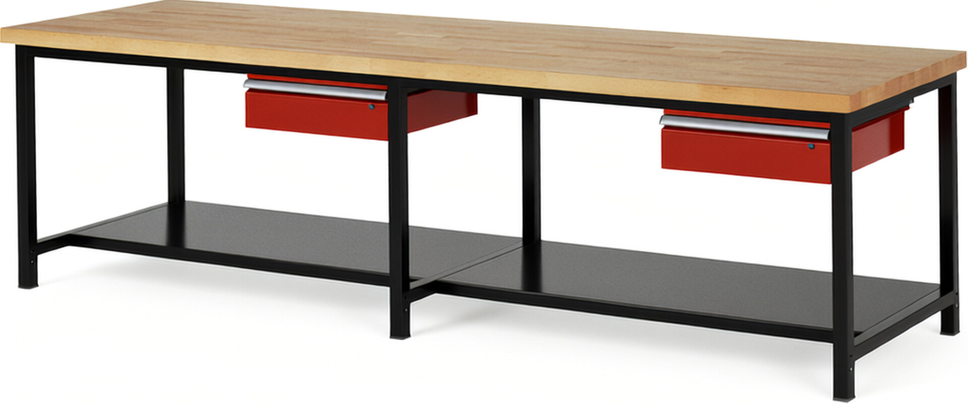 RAU Werkbank schwarz - rot - Breite 300 cm - Tiefe 90 cm - Höhe 104 cm - Buche-Massiv Arbeitsplatte 40 mm