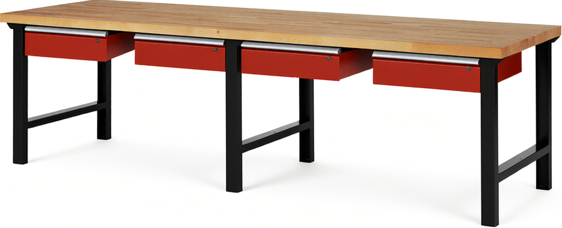 RAU Werkbank schwarz - rot - Breite 300 cm - Tiefe 90 cm - Höhe 84 cm - Buche-Massiv Arbeitsplatte 40 mm