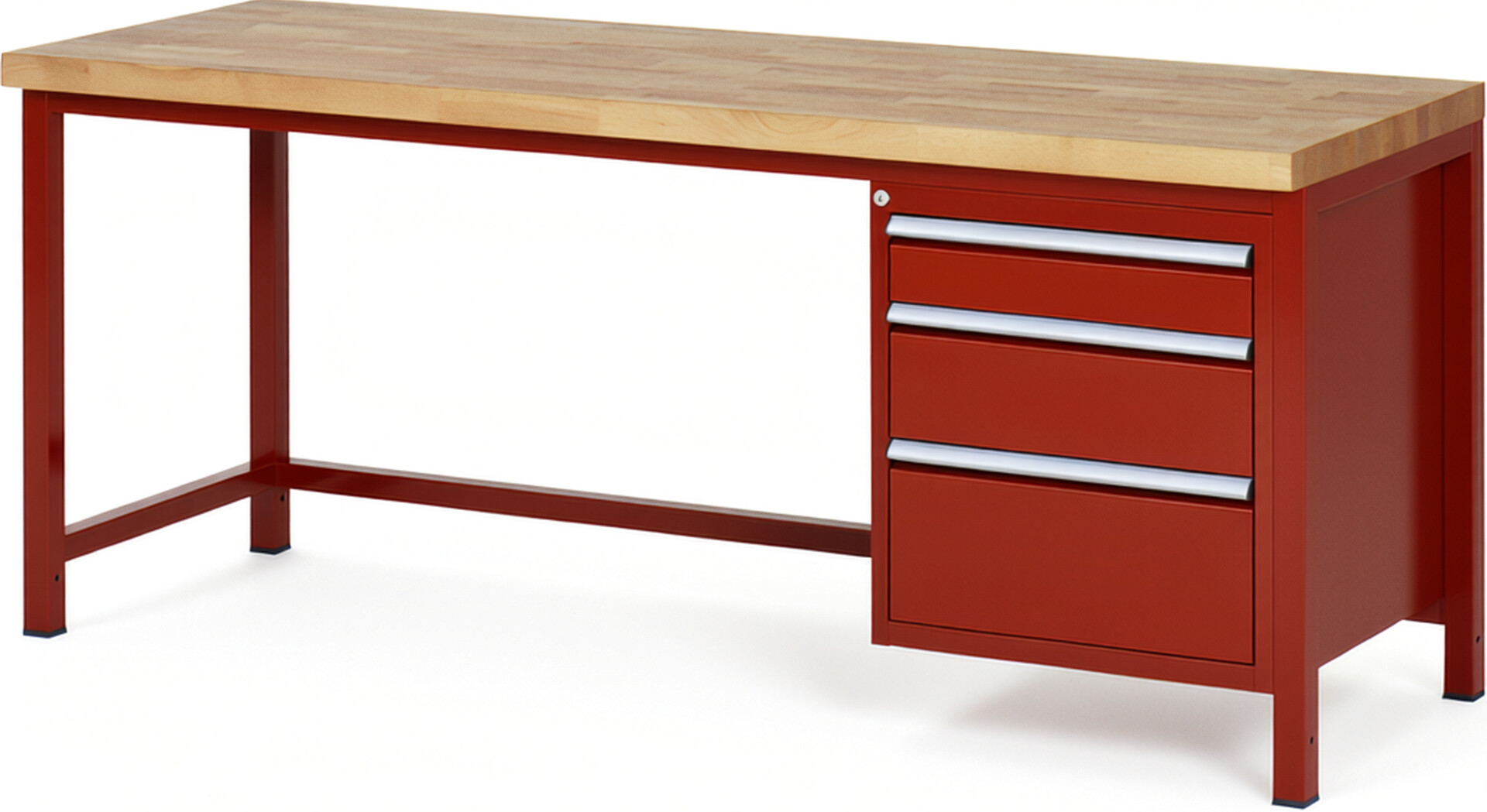 Werkbank Modell 8159 rot, BxTxH 2000x700x840-1040 mm,  Buche-Massiv Arbeitsplatte 40 mm,  3 Schubladen mit  Auszug 90 %