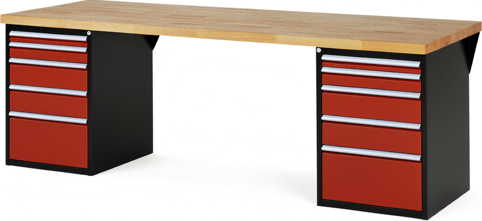 RAU Werkbank schwarz - rot - Breite 250 cm - Tiefe 90 cm - Höhe 84 cm - Buche-Massiv Arbeitsplatte 40 mm