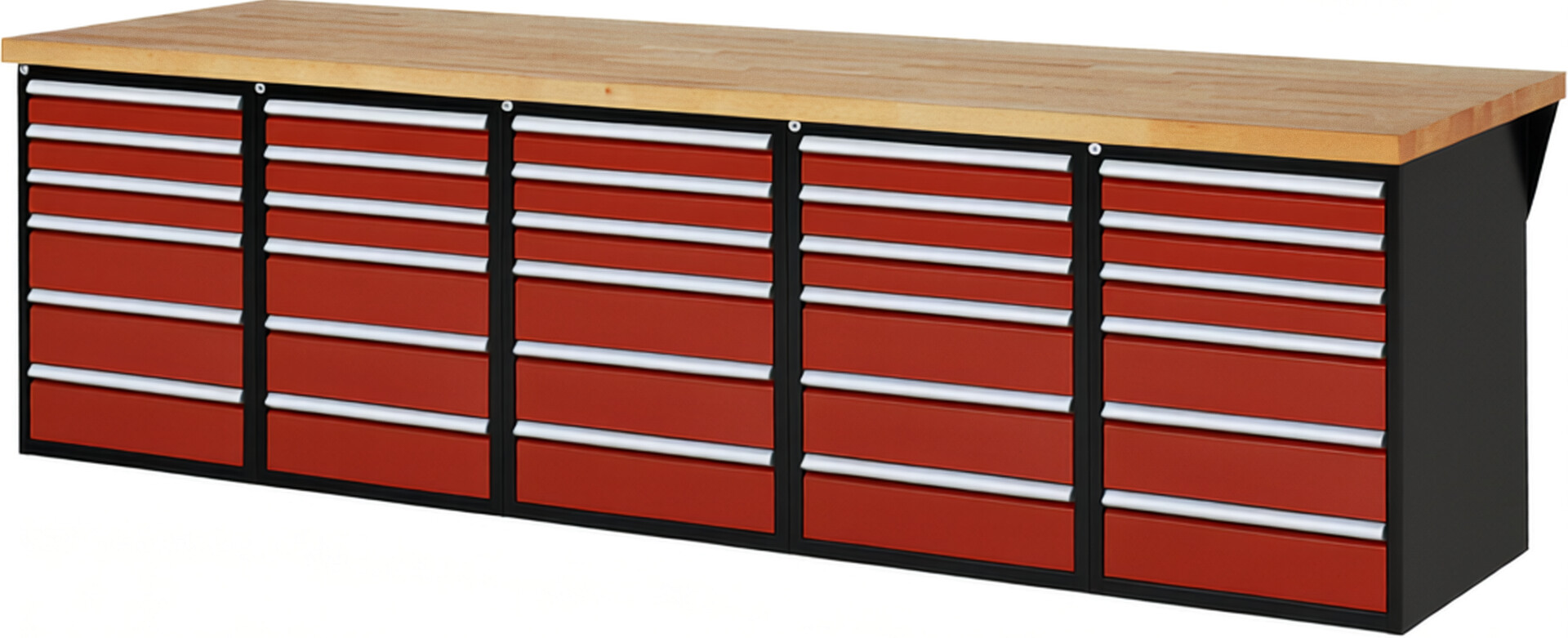 RAU Werkbank schwarz - rot - Breite 300 cm - Tiefe 90 cm - Höhe 89 cm - Buche-Massiv Arbeitsplatte 40 mm