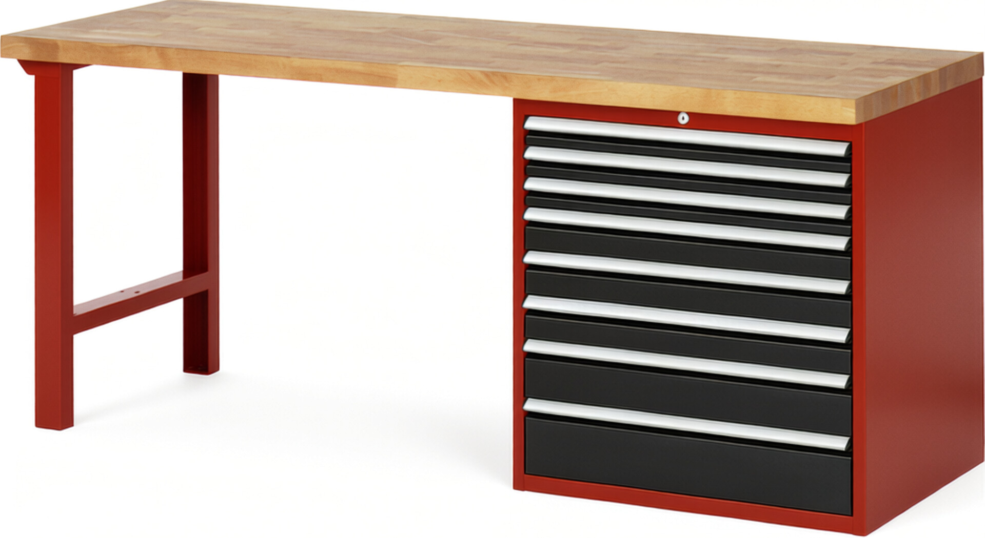 Werkbank Modell 7619 rot - schwarz, BxTxH 2000x700x840 mm,  Buche-Massiv Arbeitsplatte 40 mm,  8 Schubladen mit  Auszug 90 %