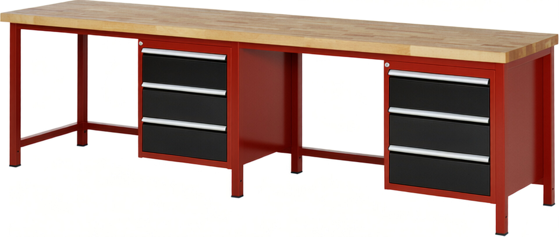 Werkbank Modell 8157 rot - schwarz, BxTxH 3000x700x840 mm,  Buche-Massiv Arbeitsplatte 40 mm,  6 Schubladen mit  Auszug 90 %