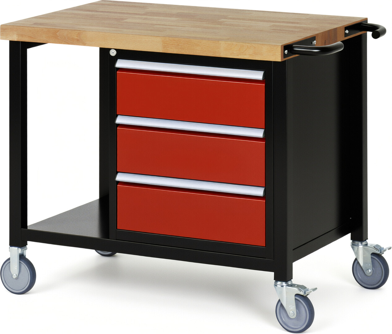 RAU Werkbank schwarz - rot - Breite 100 cm - Tiefe 70 cm - Höhe 108 cm - Buche-Massiv Arbeitsplatte 40 mm