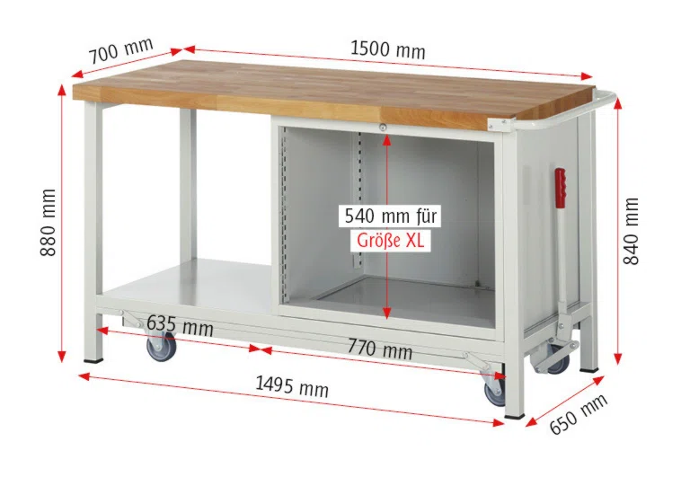Absenkbare Werkbank Modell 8257 rot, BxTxH 1500x700x880 mm,  Buche-Massiv Arbeitsplatte 40 mm,  3 Schubladen mit  Vollauszug 100 % und  SoftClosing