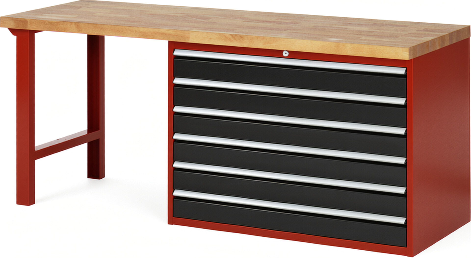 Werkbank Modell 7716 rot - schwarz, BxTxH 2000x700x840 mm,  Buche-Massiv Arbeitsplatte 40 mm,  6 Schubladen mit  Vollauszug 100 % und  SoftClosing