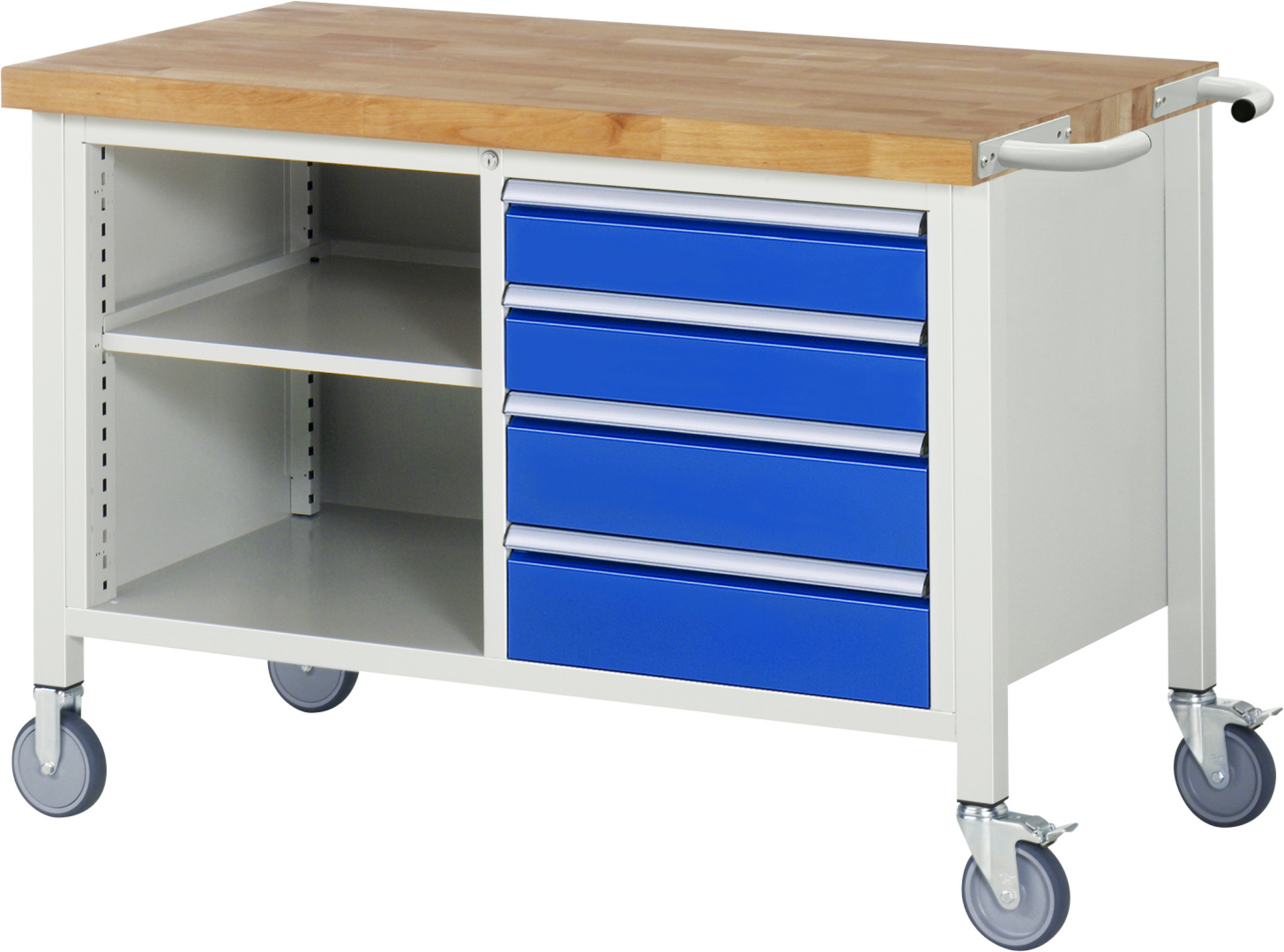 Fahrbare Werkbank Modell 8463 rot - schwarz, BxTxH 1250x700x880 mm,  Buche-Massiv Arbeitsplatte 40 mm,  4 Schubladen mit  Vollauszug 100 % und  SoftClosing