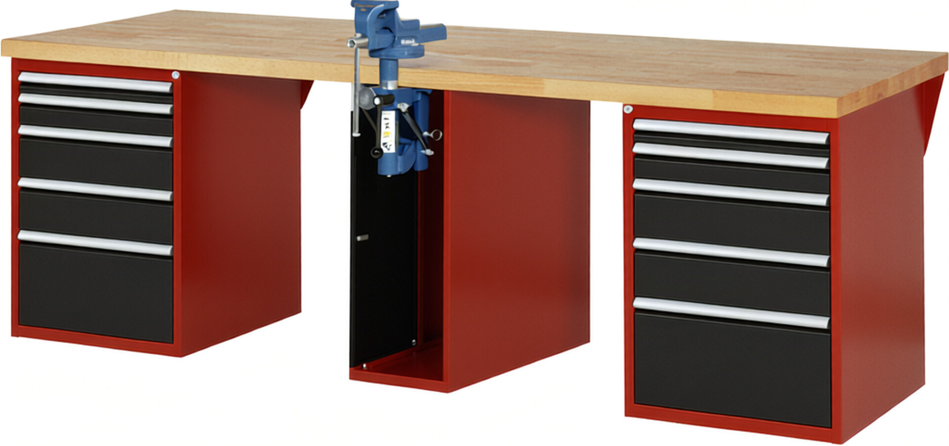 Werkbank Modell 7511 rot - schwarz, BxTxH 2500x900x890 mm,  Buche-Massiv Arbeitsplatte 40 mm,  10 Schubladen mit  Auszug 90 %