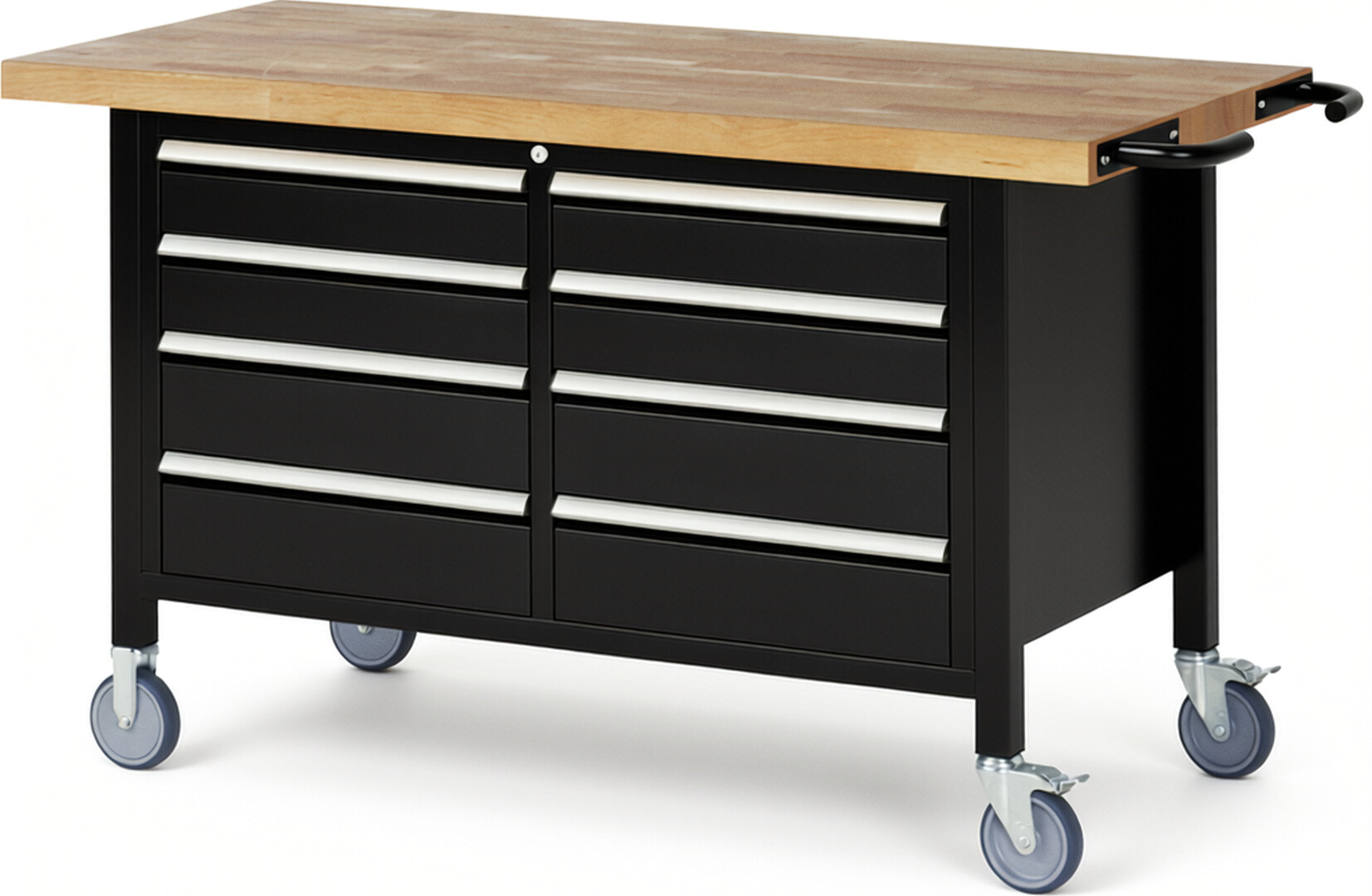 Fahrbare Werkbank Modell 8477 schwarz, BxTxH 1500x700x880 mm,  Buche-Massiv Arbeitsplatte 40 mm,  8 Schubladen mit  Vollauszug 100 % und  SoftClosing
