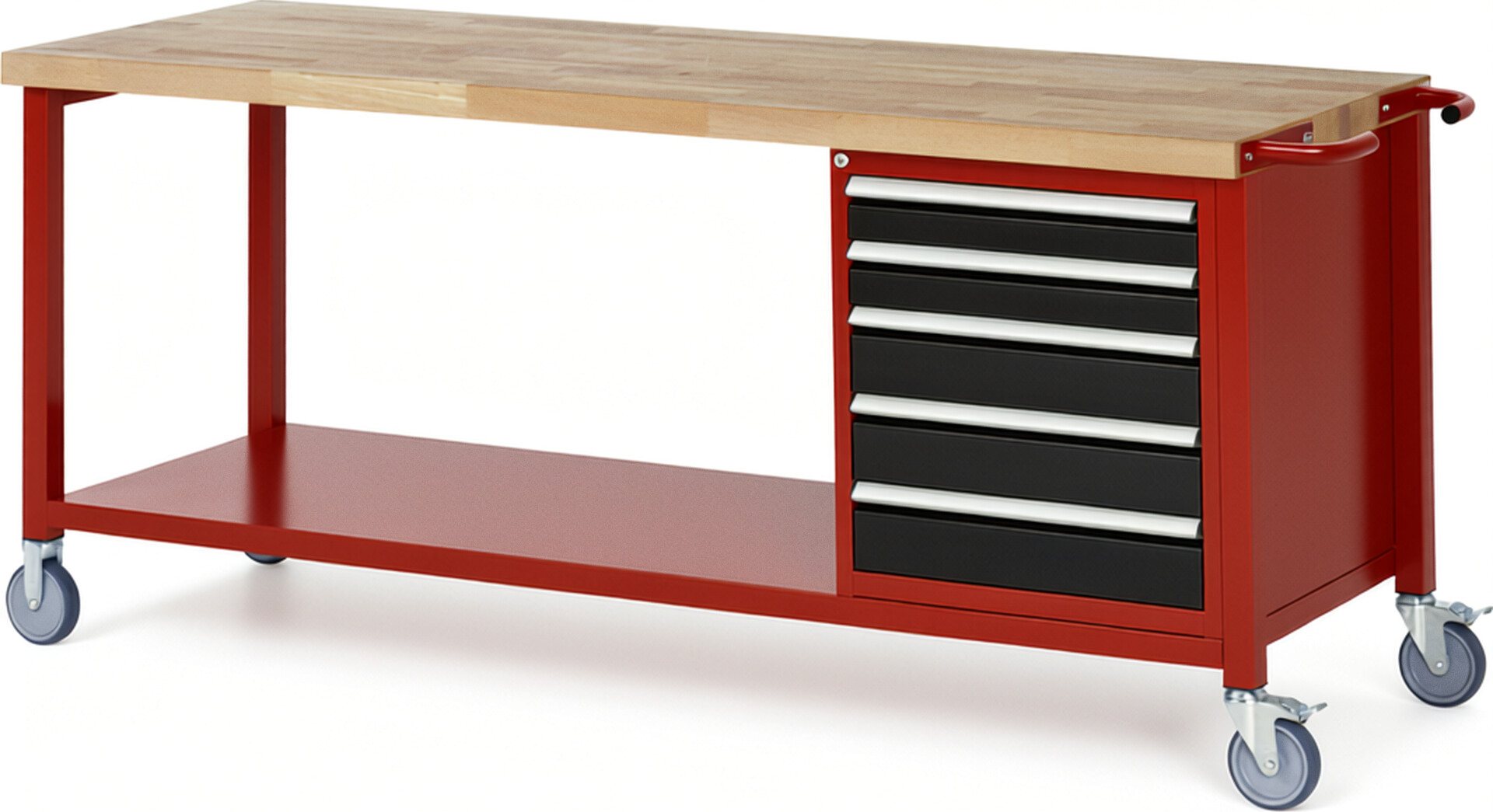 Fahrbare Werkbank Modell 8171 rot - schwarz, BxTxH 2000x700x880 mm,  Buche-Massiv Arbeitsplatte 40 mm,  5 Schubladen mit  Auszug 90 %