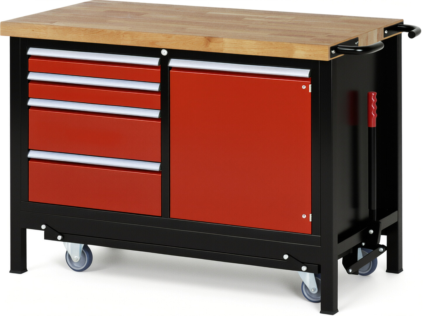 RAU Werkbank schwarz - rot - Breite 125 cm - Tiefe 70 cm - Höhe 88 cm - Buche-Massiv Arbeitsplatte 40 mm