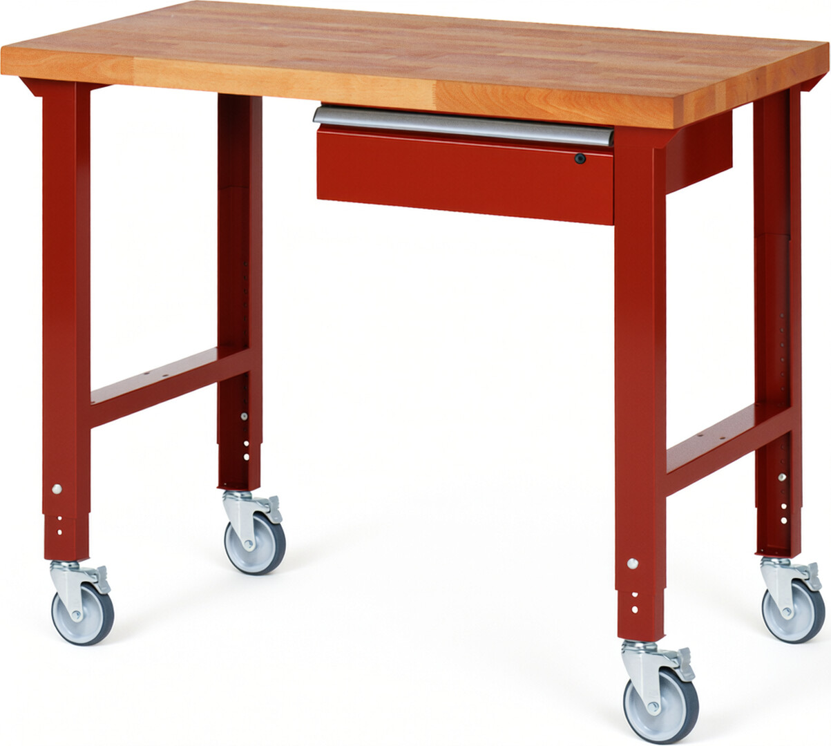 Fahrbare Werkbank Modell 7001 rot, BxTxH 1250x700x950-1000 mm,  Buche-Massiv Arbeitsplatte 40 mm,  1 Schublade mit  Auszug 90 %
