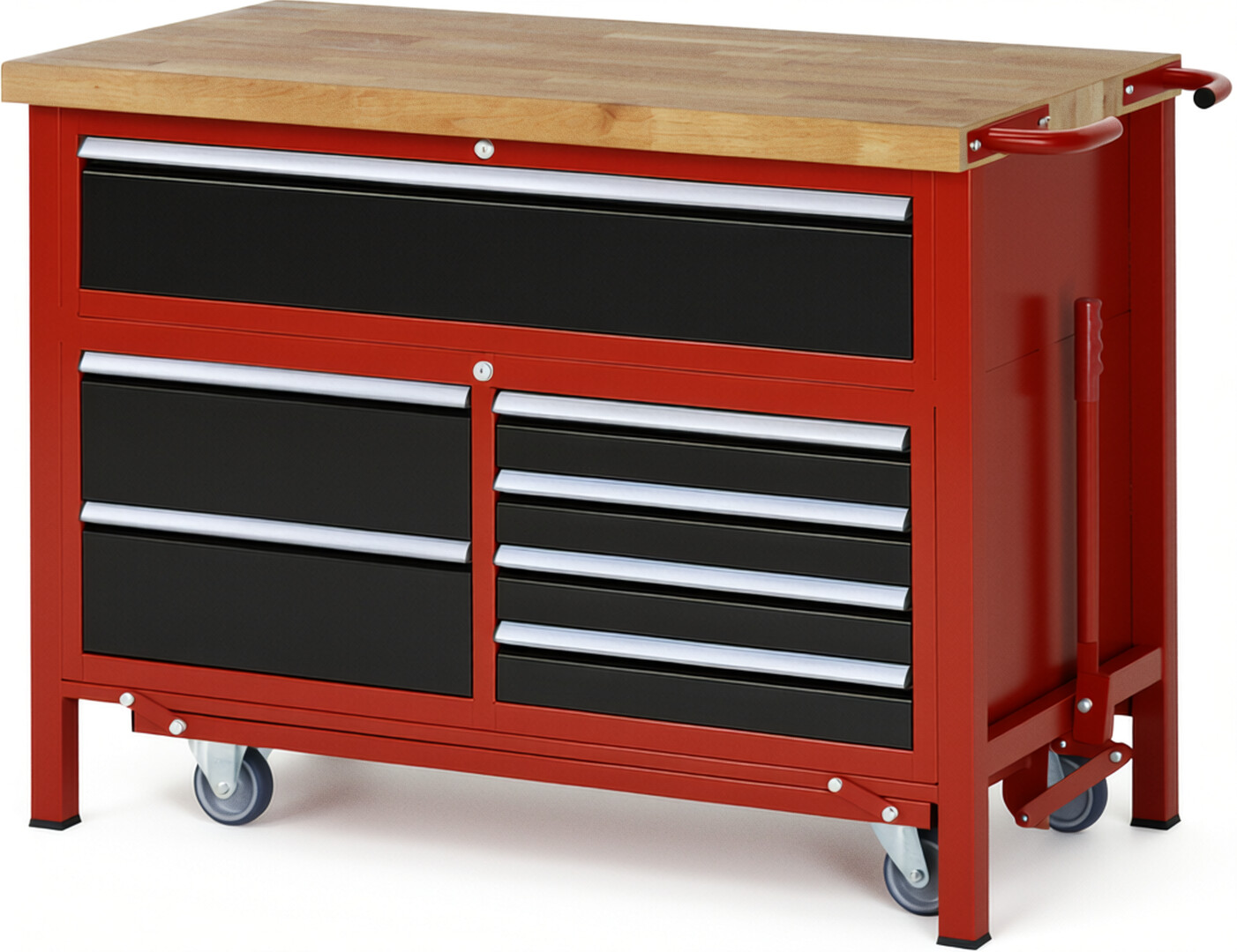 Absenkbare Werkbank Modell 8921 rot - schwarz, BxTxH 1250x700x920 mm,  Buche-Massiv Arbeitsplatte 40 mm,  7 Schubladen mit  Vollauszug 100 % und  SoftClosing