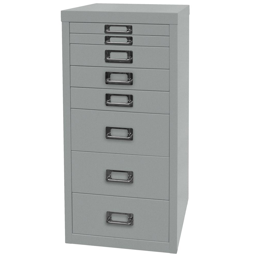 Schubladenschrank aus Stahl, BxTxH 279x380x590 mm, 8 Schubladen 2x25, 3x51, 3x102 mm, DIN A4, silber