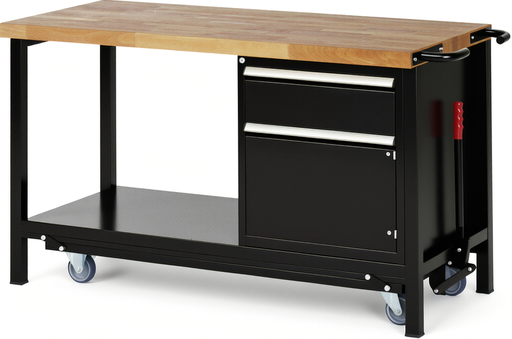 Absenkbare Werkbank Modell 8152 schwarz, BxTxH 1500x700x880 mm,  Buche-Massiv Arbeitsplatte 40 mm,  1 Schublade mit  Vollauszug 100 % und  SoftClosing