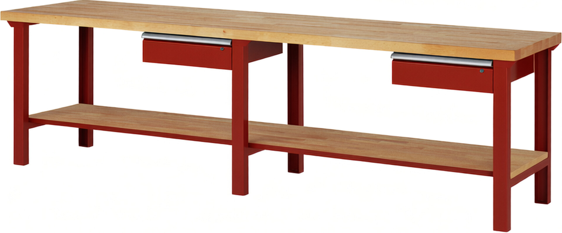 Werkbank Modell 7001 rot, BxTxH 3000x700x840 mm,  Buche-Massiv Arbeitsplatte 40 mm,  2 Schubladen mit  Auszug 90 %