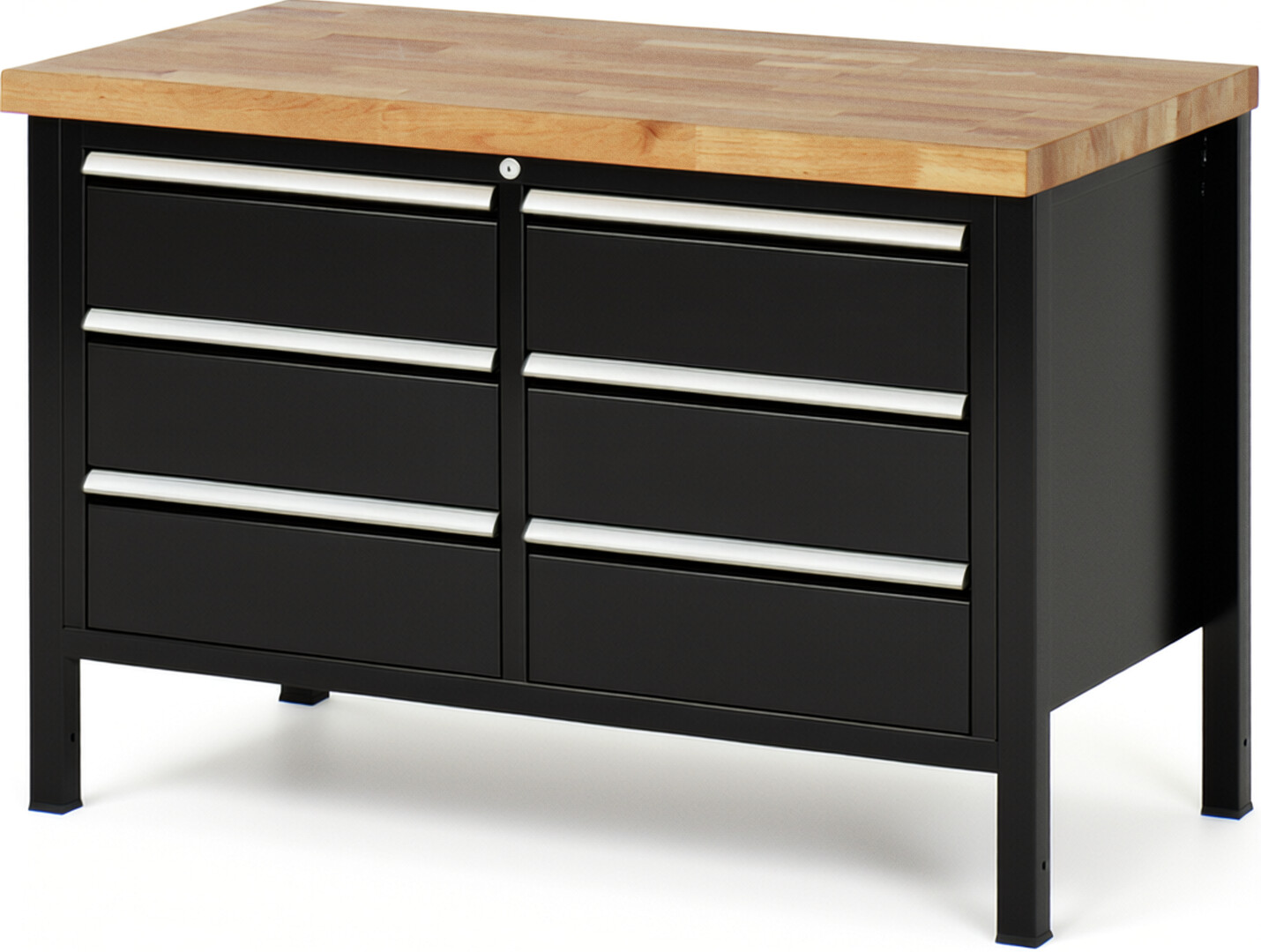 RAU Werkbank schwarz - Breite 125 cm - Tiefe 70 cm - Höhe 104 cm - Buche-Massiv Arbeitsplatte 40 mm