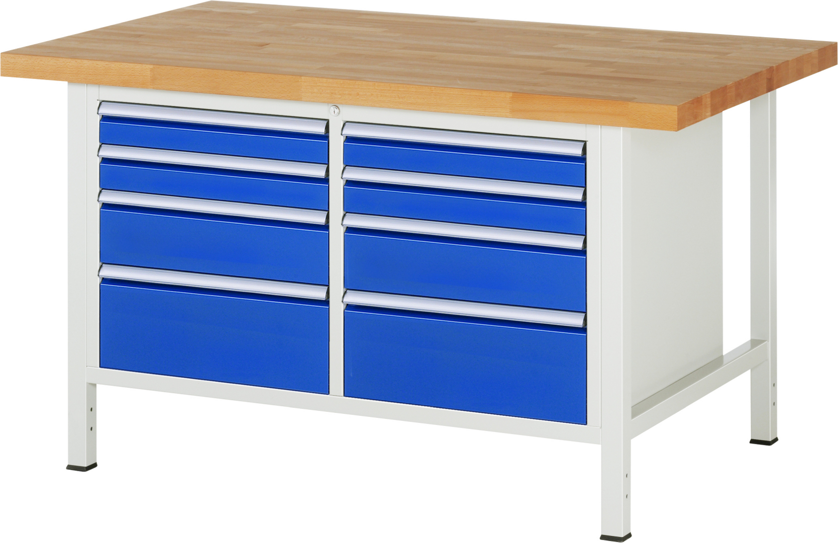 Werkbank Modell 8478 schwarz-rot, BxTxH 1500x900x840-1040 mm,  Buche-Massiv Arbeitsplatte 40 mm,  8 Schubladen mit  Vollauszug 100 % und  SoftClosing