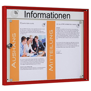 Schaukasten, BxTxH 500x27x380 mm, 2xDIN A4, Aluprofile rot, ESG-Glas, Rückwand weiß, magneth.