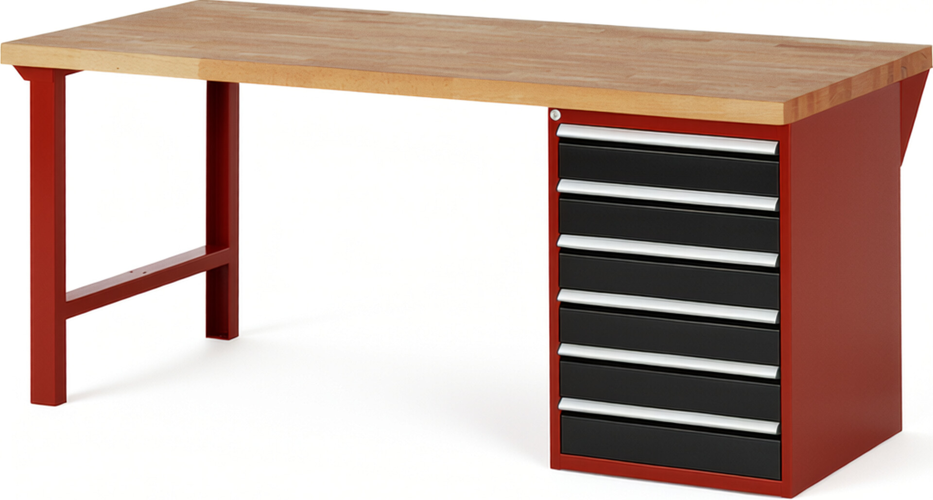 Werkbank Modell 7516 rot - schwarz, BxTxH 2000x900x840 mm,  Buche-Massiv Arbeitsplatte 40 mm,  6 Schubladen mit  Auszug 90 %