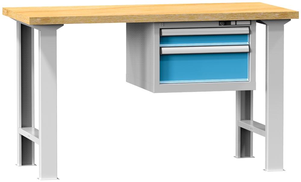 Werkbank, BxTxH 1500x700x880 mm, 2 Füsse, 1 Schrank mit 2 Schubladen 100, 200 mm, Traglast 800 kg, RAL 7035/5012
