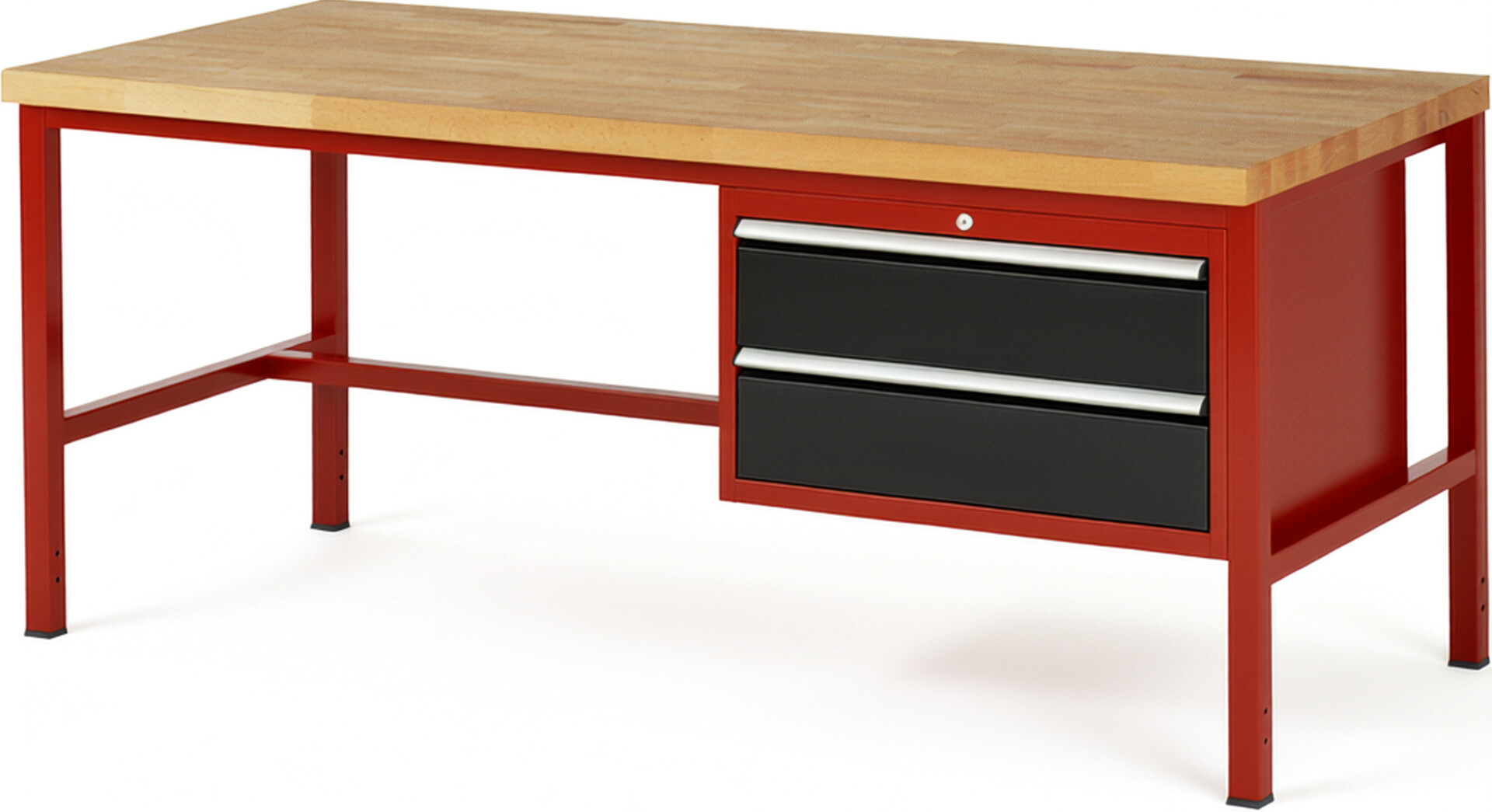 Werkbank Modell 8225 rot - schwarz, BxTxH 2000x900x840-1040 mm,  Buche-Massiv Arbeitsplatte 40 mm,  2 Schubladen mit  Auszug 90 %