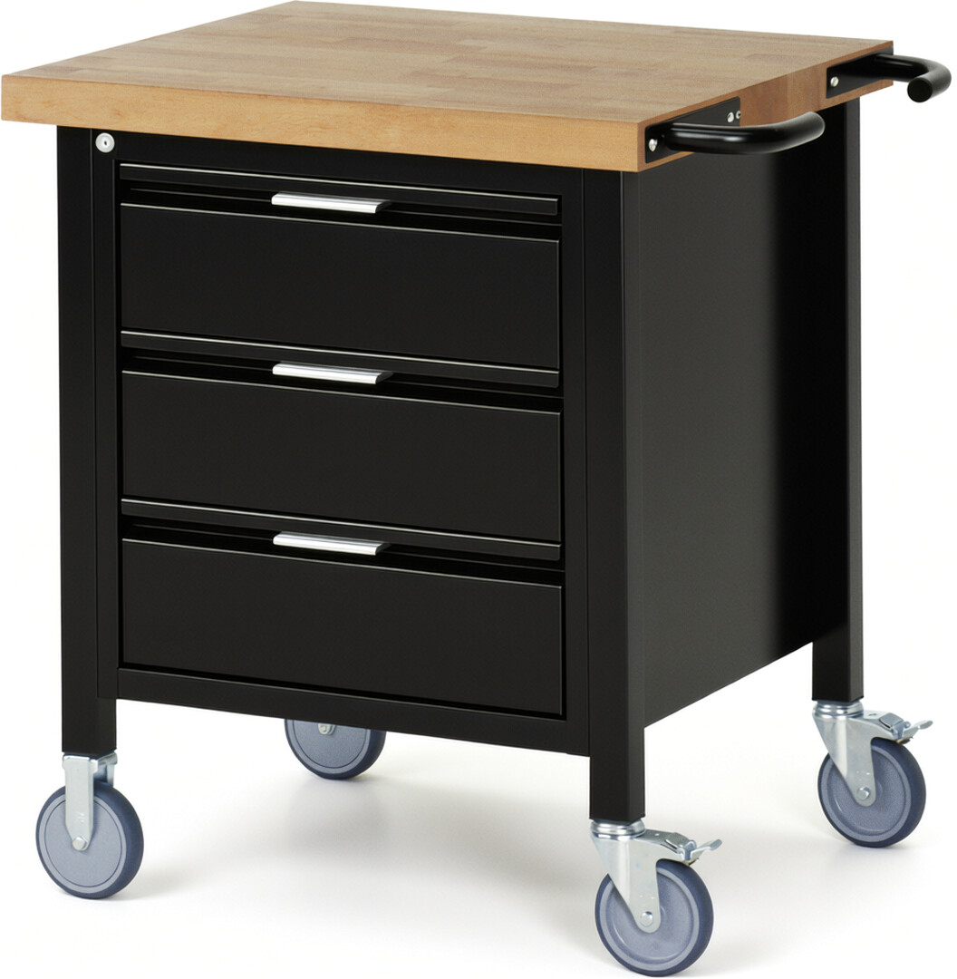 Fahrbare Werkbank - Modell 8157 BASIC schwarz, BxTxH 750x700x880 mm,  Buche-Massiv Arbeitsplatte 40 mm,  3 Schubladen mit  Auszug 90 %