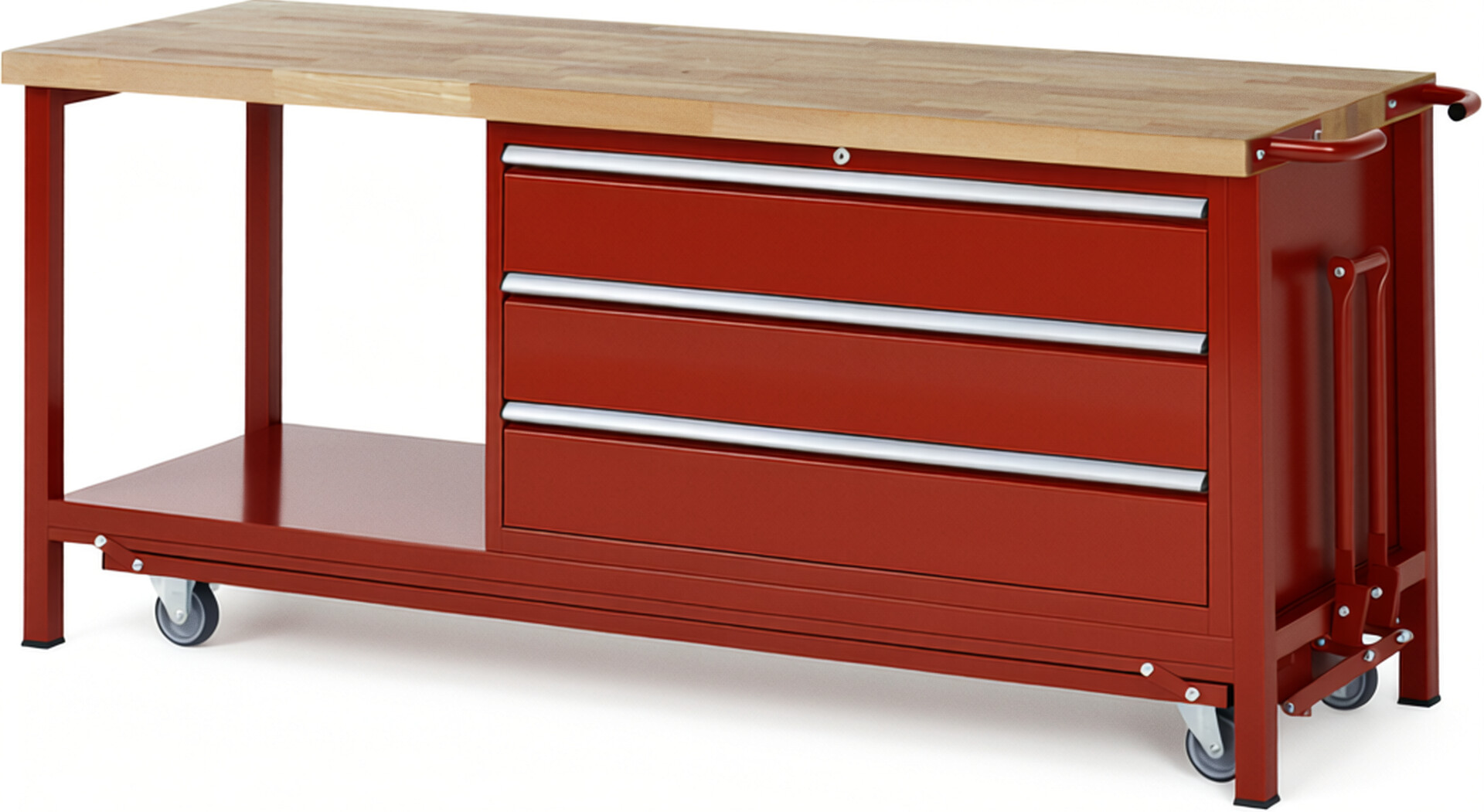 Absenkbare Werkbank Modell 8357 rot, BxTxH 2000x700x880 mm,  Buche-Massiv Arbeitsplatte 40 mm,  3 Schubladen mit  Vollauszug 100 % und  SoftClosing
