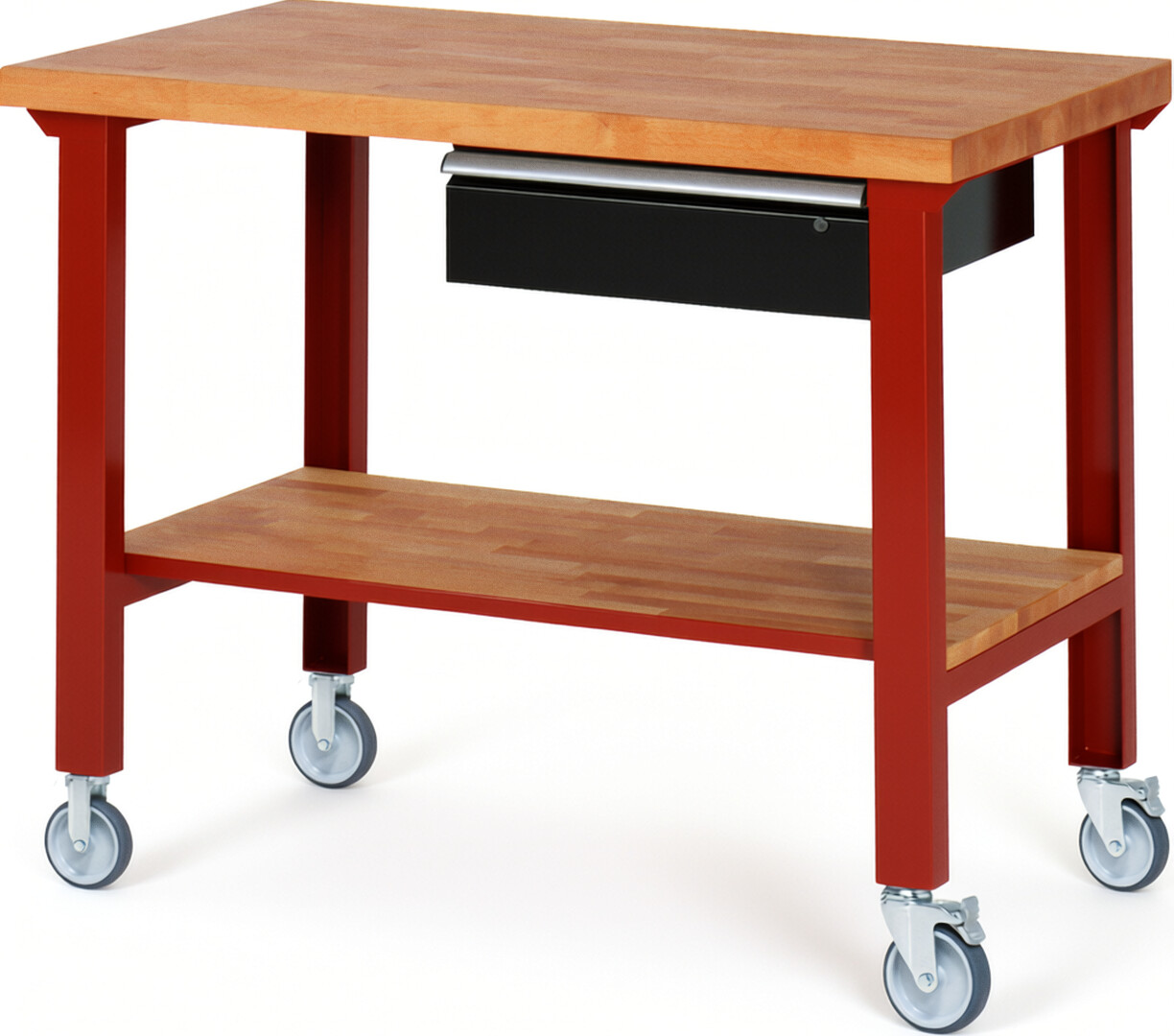 Fahrbare Werkbank Modell 7001 rot - schwarz, BxTxH 1250x700x1000 mm,  Buche-Massiv Arbeitsplatte 40 mm,  1 Schublade mit  Auszug 90 %