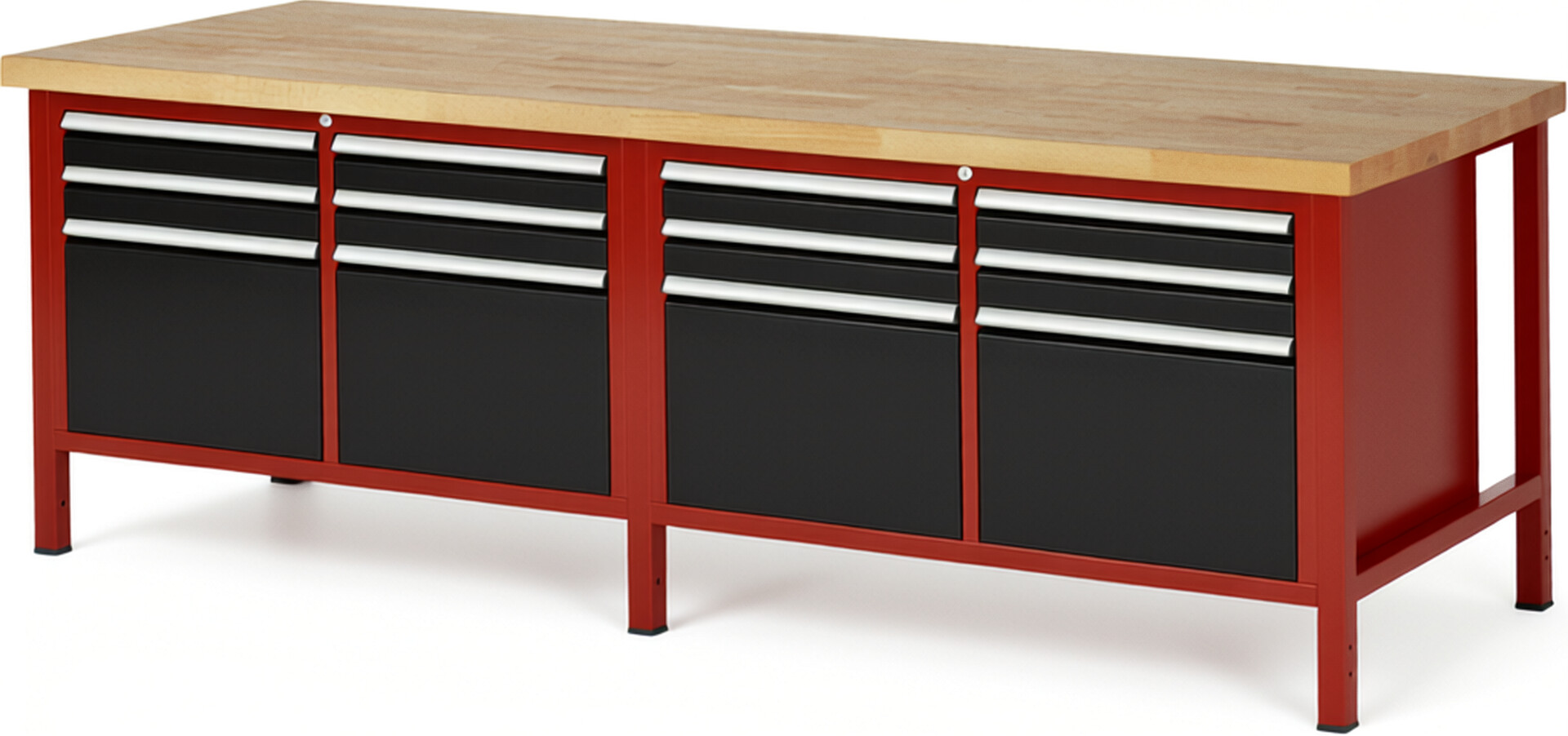 Werkbank Modell 8474 rot - schwarz, BxTxH 2500x900x840 mm,  Buche-Massiv Arbeitsplatte 40 mm,  12 Schubladen mit  Vollauszug 100 % und  SoftClosing